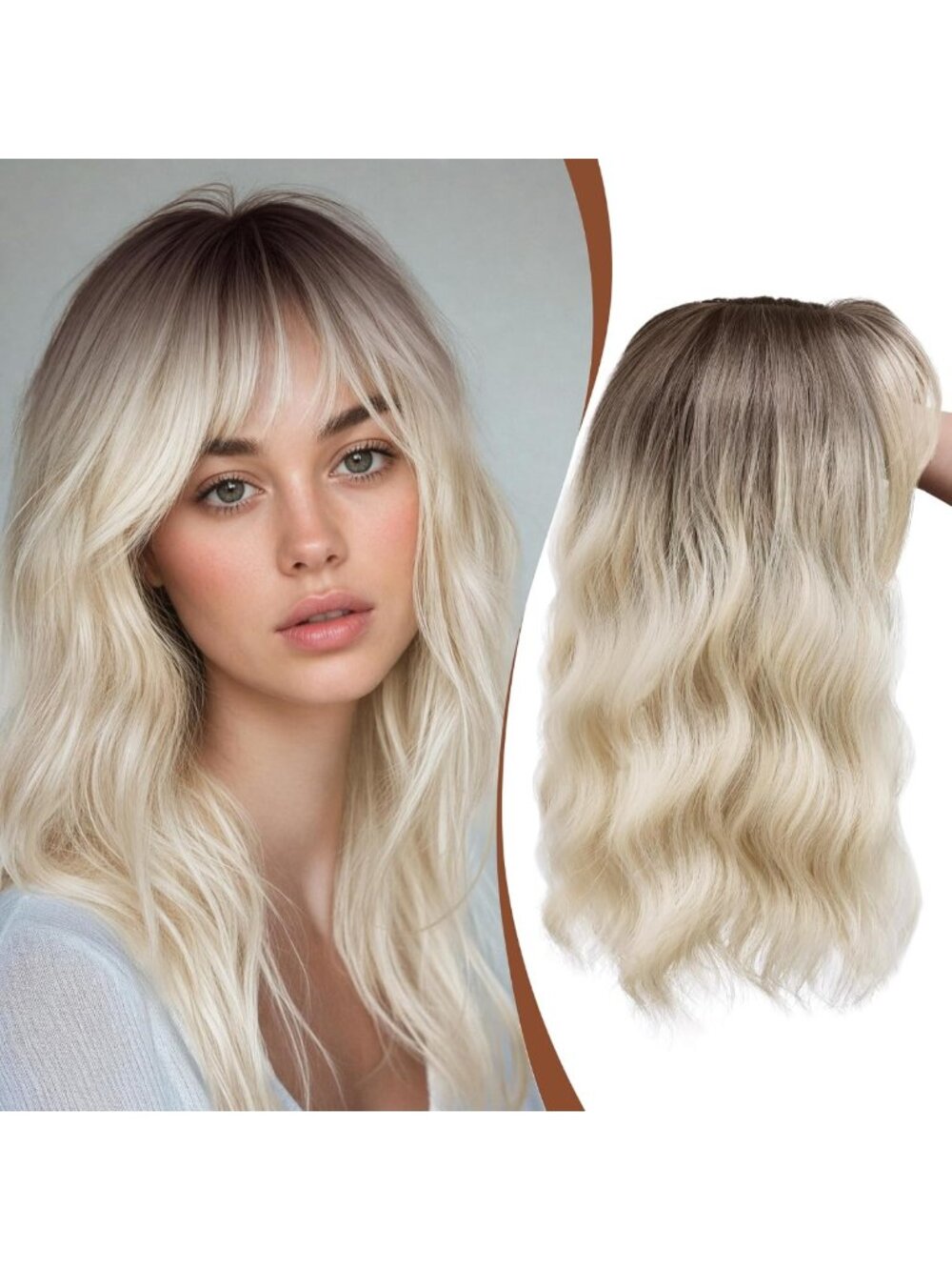 Wavy Hair Topper with Bangs - 16" Rooted Blonde Ombre Synthetic Wiglet for Daily